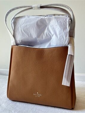 Kate Spade NWT Knott Large Carryall Bag Tote in Color Bungalow Tan Leather KM663